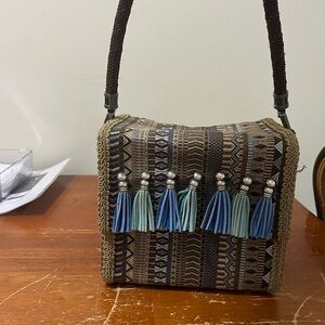 Not Sisters Two Tapestry Fabric Box Bag W/Leather Tassels Purse